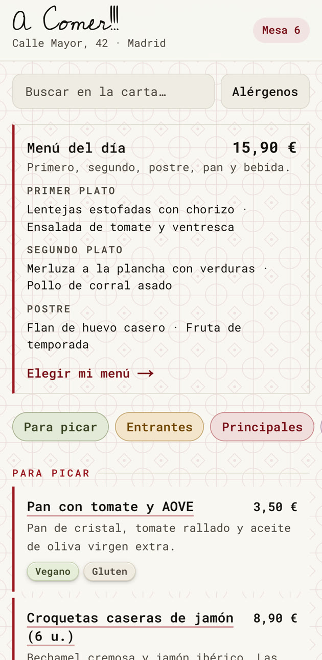 La carta del bar abierta en un móvil, con el menú del día y las secciones